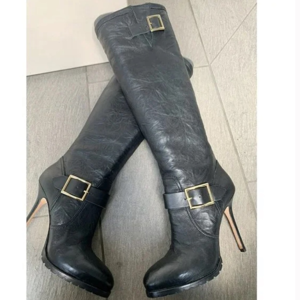 Jimmy Choo Black Biker Distressed Leather
Unlined Knee Length Boots